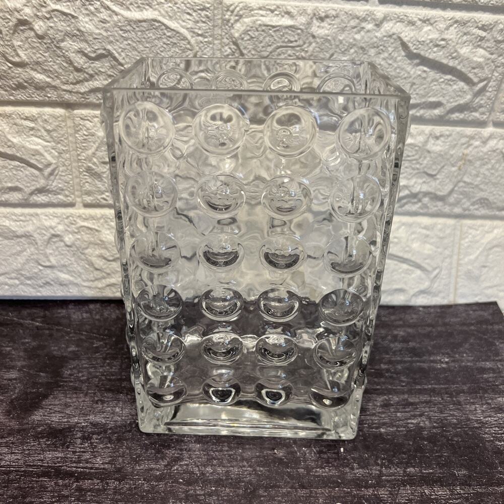 Mid Century Modern Bubble Glass Vase • Quilted Optic Clear • Rectangular 8"
